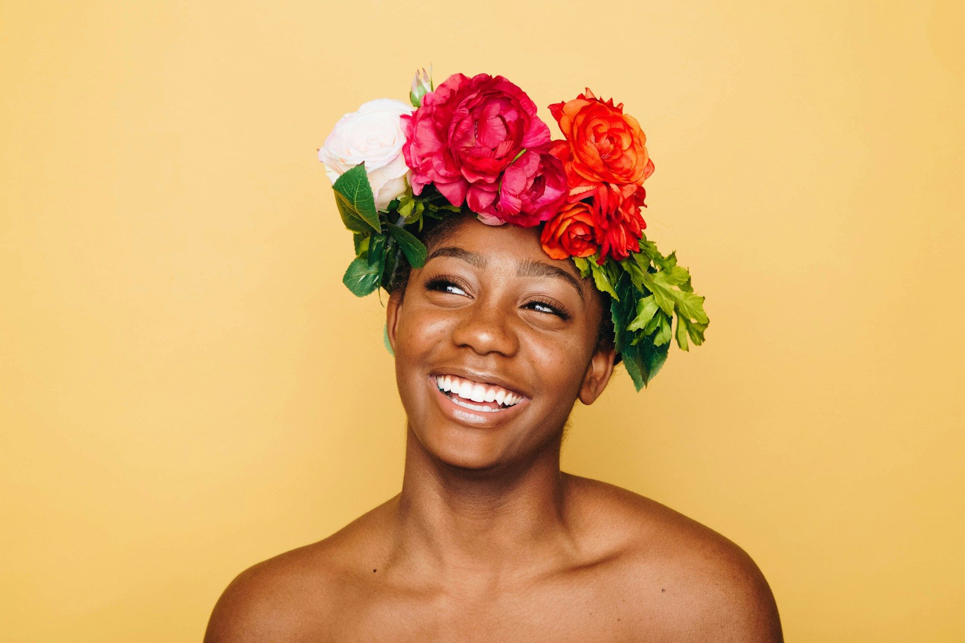 Woman celebrating with flowers